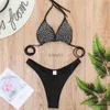 Women's Swimwear Pearl Diamonds Sexy Black Sling Summer Low Waist Women Swim Thong Triangle Micro Brazilian Woman Beach 240226