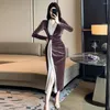 Casual Dresses 2024 Velvet Hit Color Wedding Party Dress French Women Rose Floral Long Sleeve Split bodycon midi Evening Spring Fall