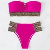 2pcsset Ring Connection Ofm Omuz Bikini Set Bandeau Sütyen Yüksek Bel Kısa Mayo Plaj Giyim 240220