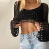 Summer 2023 Sexy Long sleeved Smoked Knitted Top Womens Y2k Beach Backless Hollow T-shirt Party Casual Clothing 240226