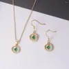 Ensemble de boucles d'oreilles et collier pour femmes, rétro creux, Micro-incrusté de Zircon vert, couleur or Rose, bijoux de mariée S525