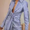 Vestidos casuais escritório senhora chique listra azul impressão mini vestido verão elegante mulheres retalhos plissado streetwear fino ajuste manga longa