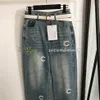 Hög midja raka byxor Kvinnor Bokstäver broderade jeans designer vintage stil jeans med midjeband