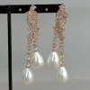 Earrings YYGEM Teardrop White Sea Sell Pearl Cubic Zirconia micro pave Yellow Gold color Plated Stud Earrings