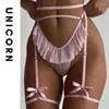 Set di reggiseni 2024 Piume Reggiseno Lingerie Set Perizoma Sexy Biancheria intima porno Donna Increspature per il corpo Pizzo Sissy Abiti erotici Fata Intimo