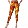 Calças ativas vermelho fogo leggings impressão abstrata fitness yoga cintura alta engraçado esportes collants bolsos padrão elástico legging