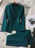 Ladies Blazer och Pant Suit Formal Green Purple Blue Black Solid Women Jacket byxa Kvinnliga affärsarbeten slitage 2 -stycken set240226