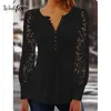 Women's T Shirts Wedifor Fashion Lace Patchwork Women Long Sleeve V Neck Button Casual T-Shirt Elegant Ruched Solid Clothes Tops