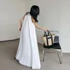 Casual Dresses Women Summer 2024 White Beach Dress Sexy Pleated A-line Sundress O Neck Strap Sleeveless Party Long Robes