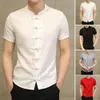 Vintage Men Summer Shirt Stand Collar Short Sleeve Top Solid Color Slim Fit Knot Buttons Chinese Traditionell 240219