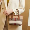 Luxury Plaid Canvas Leather Women's Bag Fashion Large Capacity Business Lady Bucket Shoulder Bag Female Drawstring Handväska