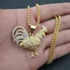 Hip Hop Strasssteine gepflastert Goldfarbe Edelstahl Huhn Hahn Hahn Anhänger Halskette für Männer Jewelry248i
