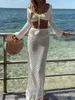 WSEVYPO HOLLOW OUT CROCHET KNIT 2ピースビーチスーツレディース夏の衣装長い袖のレースアップクロップシッグウエストロングスカート240219