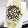 Watch, Men, Luxury, Master, cut-out dial, colorful diamond-encrusted bezel, frosted gold stainless steel case, folding bow buckle, automatic mechanical movement