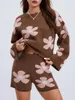 Kvinnors spårningsdräkter Zjljaychou Women 2 Piece Lounge Outfits Långärmad Crew Neck Floral Knit Sweatsuit Pyjamas Set Loungewear