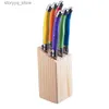 Kitchen Knives 6pcs 9 Rainbow Dinner Knives in Wood Holder Laguiole Style Steak Knife Stainless steel Restaurant Cutlery Kitchen Flatware set Q240226