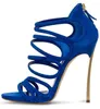 Sandalen Goudkleurige metalen hakken Strappy Blauw Rood Suède Holle hoge hak Cage Schoenen Open teen Cross Strap Runway