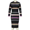 Casual Dresses Waist Design Slim Shape Dress Elegant Striped Midi For Women Fit Long Sleeve Spring Commute Style Round Neck