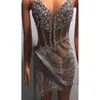 Stage Wear Women Sexy Sparkly Chain Rhinestones Mesh See Through Short Dress Celebrate Birthday Wedding Evening Party Pography