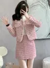 Work Dresses Autumn Winter Tweed Plaid Pink 2 Pieces Outfits Women Ladies Pretty Sweet Coat Tops Jacket Outwear And Mini Skirt Mujer Set