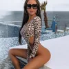 Women's Swimwear Leopard Sheer Mesh Sexy Bodysuits Women Cover-Ups Long Sleeve Turtleneck Bodycon Bodysuit Jumpsuits See Through Club Wear