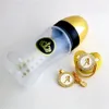 Conjunto de mamadeira e chupeta dourada 240ml com prendedor de corrente 26 letras kit BPA grátis 240223