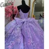 Lilac Sequined Appliques Lace Bow Ball Gown Quinceanera Dress Spaghetti Strap 3D Flowers Corset Vestidos de 15 Anos