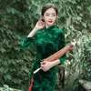 Etnik kıyafet artı kadife uzun qipao sonbahar kış kadın Çinli elbise geleneksel vintgae mandalina yaka cheongsam seksi slim