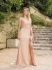 Babynice666 Pearl Pink Split Mermaid aftonklänningar Nya rena juvelhalsapplikationer Backless Long Prom Dress CPS3037