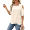 Kvinnors T-skjortor Fashion Casual Solid Color Off Shoulder Round Neck Lace SPICING 3/4 SLEEVE Korean Recensioner Många tyg Lossa T-shirt