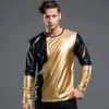 Masculino brilhante metálico sentimento manga comprida camiseta cor combinando dança boate palco vestido ouro e prata camisas de festa 240223