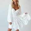 Sukienki swobodne fufucaillm boho elegancka moda sukienka kobiety plisowane marszczenia Lata długiego rękawu A-line seksowne niskopięte backless vestidos wróżka