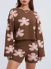 Kvinnors spårningsdräkter Zjljaychou Women 2 Piece Lounge Outfits Långärmad Crew Neck Floral Knit Sweatsuit Pyjamas Set Loungewear