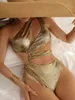 Sexy Female Swimwear Women Swimsuits 2023 Hollow Out Monokini Sparkling Biquini One Shoulder Bathing Suit Beachwear 240219