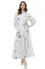 Women's Runway Dresses Stand Collar Long Lantern Sleeves Printed Single Breasted Casual Holiday Vestidos with Belt