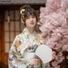 Этническая одежда 2024, женское традиционное японское кимоно с зеленым цветочным принтом, летняя юката, сценическая одежда для косплея