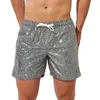 Shorts masculinos com estampa metálica, calças de praia soltas com cordão, secagem rápida, academia para fitness