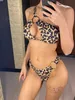 Kvinnors badkläder leopard tryckt en axel klippt ut bikini kvinnlig baddräkt kvinnor badkläder tvåstycken bikini set bather bathing kostym simma v4429 t240227