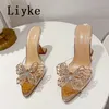 Liyke PVC Transparente Chinelos Para Mulheres Moda Strass Bowknot Sandálias de Verão Dedo Apontado Claro Salto Alto Festa Sapatos de Baile 240219