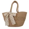 Waist Bags Handmade Beach Weaving Ladies Straw Woven Bag Wrapped Top Handle Handbags Totes Silk Scarf Shoulder Women's