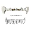 Grillz, Griglie dentali Hiphop Denti da vampiro Fang Grillz Oro reale 18 carati Cz Zirconia cubica Diamante Griglie per bocca dentale Rinforzare il fondo a Dhmmg