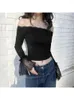 Damen T-Shirts 2024 Dark Off Shoulder Mall Gothic Basic T-Shirt Y2k Spitze Patchwork Flare Sleeve Crop Tops Weiblich Bodycon Rüschen