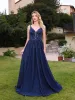 Seksi Karanlık Donanma Sırtsız Akşam Dreses Bir Çizgi Derin V Boyun Altları Boncuklar Uzun Parti Fesh
