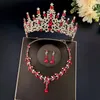 Halskette Ohrringe Set Barock Retro Roter Kristall Braut Strass Tiara Krone Halsband Stirnband Hochzeitskleid Schmuck