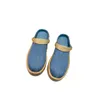 Aspen Platform CLOG HEEL REP Slipare som präglade lin Blue Black Treaded Micro Outrsole Fooding Clogs tofflor Bekväm tofflor