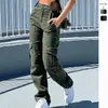 Женские брюки армейского зеленого цвета с высокой талией, прямые брюки для женщин, модные длинные брюки-карго с большими карманами, повседневные свободные черные брюки