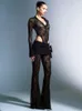 Fantoye принт цветочный прозрачный кружевной женский брючный костюм черный с длинным рукавом с высокой талией брючный костюм женский осенний повседневный комплект из двух предметов 240227