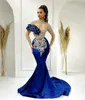 Robes de soirée musulmanes sirène bleu Royal cristaux strass manches d'illusion robe de bal d'anniversaire pour les femmes de dubaï