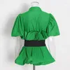 Camicette da donna Camicia casual verde per donna Camicetta sottile elegante con maniche a sbuffo con cintura Autunno Inverno Moda Button Ruffle Top 2024