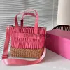 Totes Designer Beach Bag Tote Summer Straw Handväskor Weekend Travel Classic Pleated Bamboo Woven Leather Splicing Shoulder Bells avtagbar straph24227